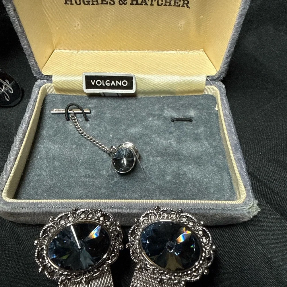 Vintage Dante Hughes & Hatcher Cufflinks & Tie Tack Set Volcano Black Stone